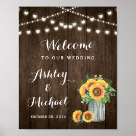Póster Sinal de Casamento Rustic Sunflower Mason Jar Ligh