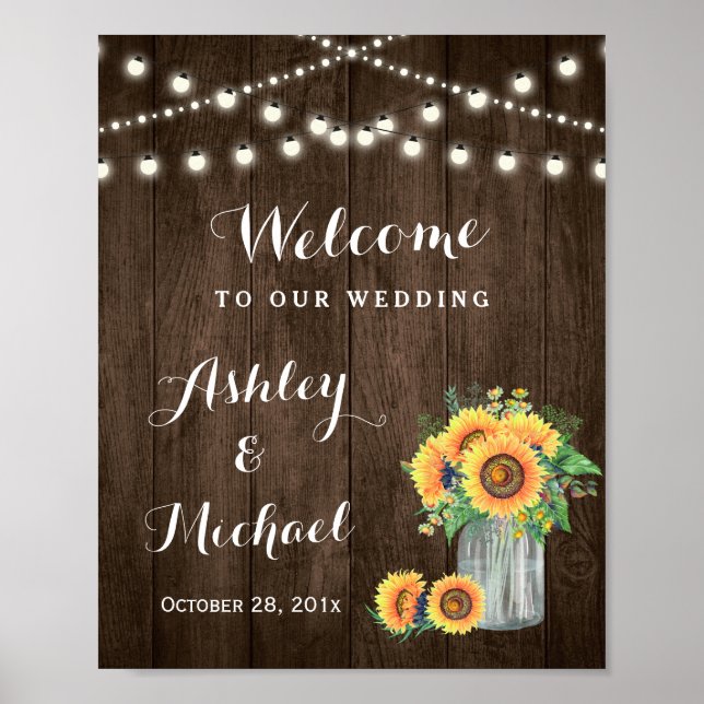 Póster Sinal de Casamento Rustic Sunflower Mason Jar Ligh (Frente)