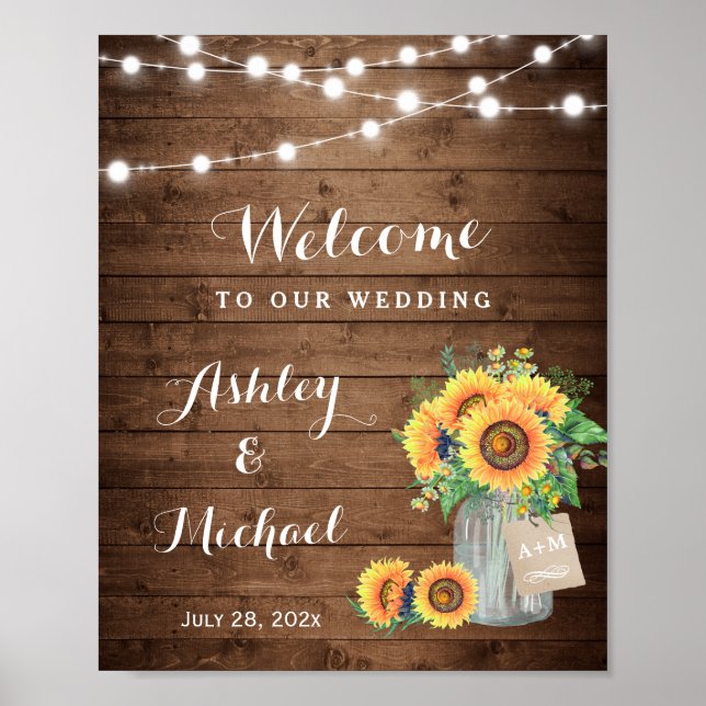 Póster Sinal de Casamento Rustic Sunflower Mason Jar Ligh (Frente)