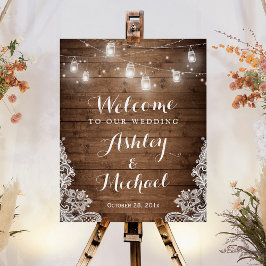 Póster Sinal de Casamento Rústico Mason Jar Lights Lace