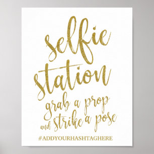 Póster Sinal de Casamento Selfie Station Gold Glitter 8x1