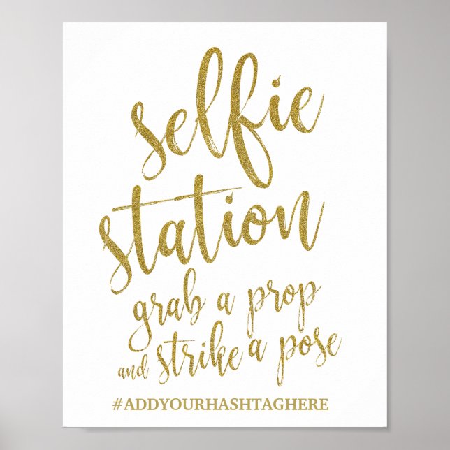 Póster Sinal de Casamento Selfie Station Gold Glitter 8x1 (Frente)