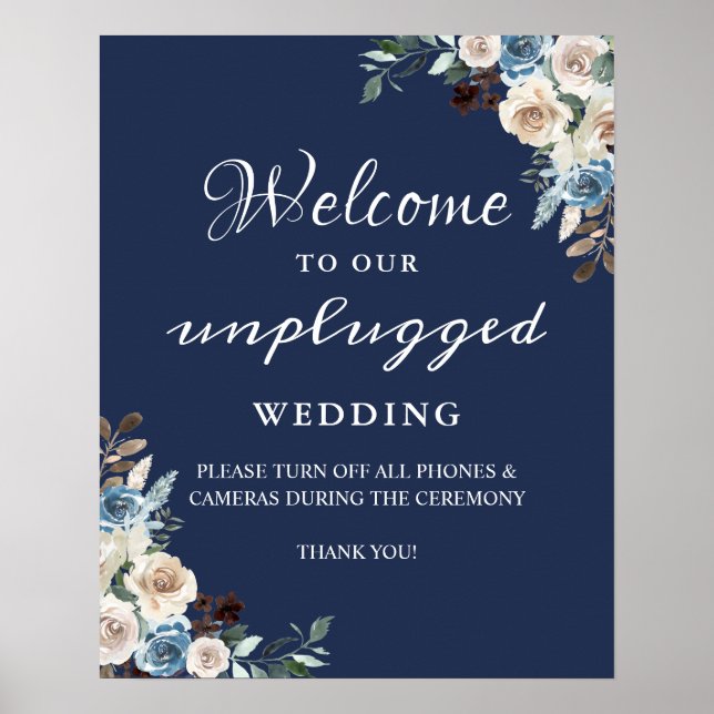 Poster Sinal de Casamento sem Dispositivos Floral Azul Ma (Frente)