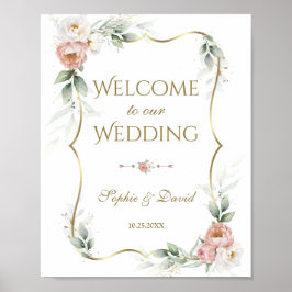 Poster Sinal de Casamento Verde Dourado Floral Rosa Flora
