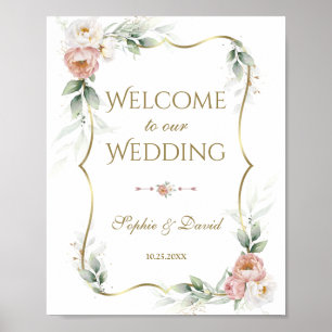 Poster Sinal de Casamento Verde Dourado Floral Rosa Flora