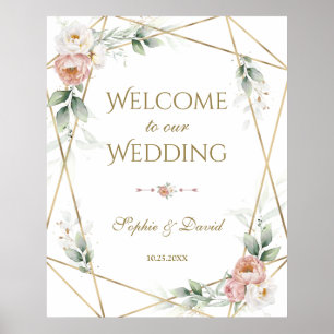 Poster Sinal de Casamento Verde Dourado Floral Rosa Flora