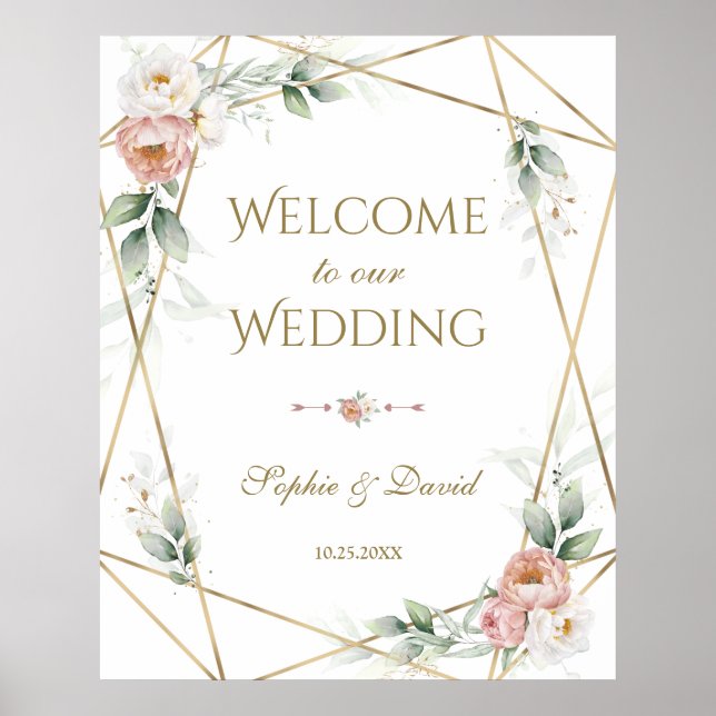 Poster Sinal de Casamento Verde Dourado Floral Rosa Flora (Frente)