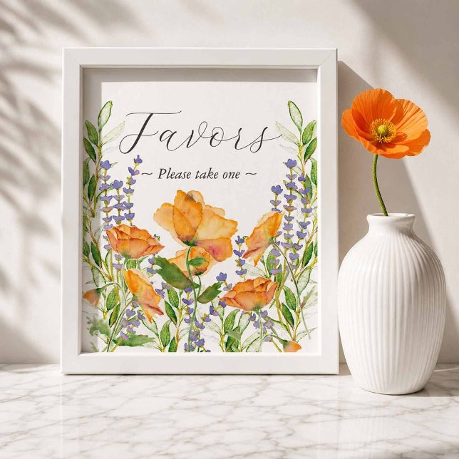Poster Sinal de Cavalinho-Marinho para Favor de Casamento (printable garden wedding favors sign with hand painted orange poppy flowers)