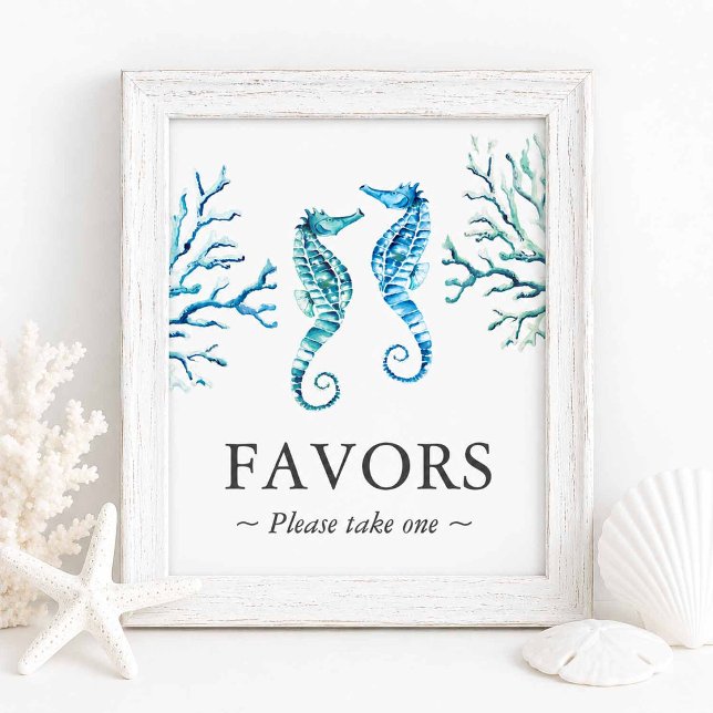 Poster Sinal de Cavalinho-Marinho para Lembranças de Casa (Beach wedding favors sign with watercolor seahorses by Victoria Grigaliunas of Do Tell A Belle)