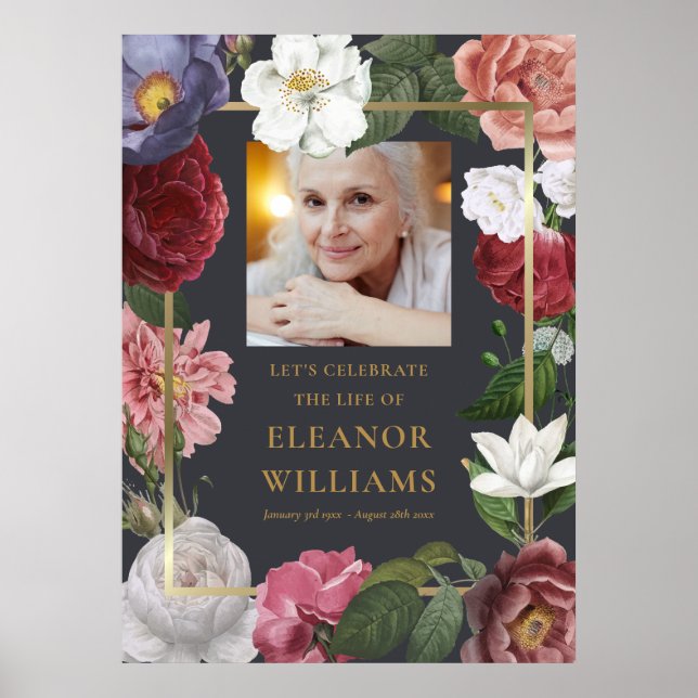 Poster Sinal de Celebração de Vida com Foto Floral de Ros (Frente)