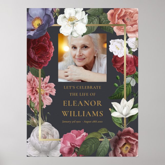 Poster Sinal de Celebração de Vida com Foto Floral de Ros (Frente)