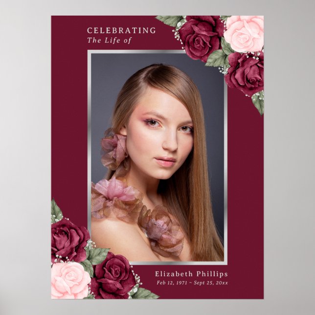 Poster Sinal de Celebração de Vida com Foto Floral Prata  (Frente)