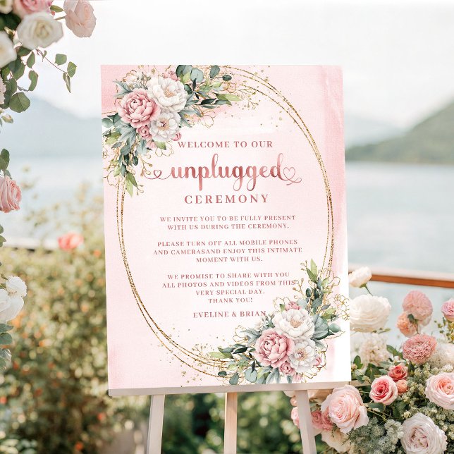 Poster Sinal de Cerimônia Desconectada com Poeira Românti (Romantic Dusty Pink Floral Unplugged Ceremony Sign

)
