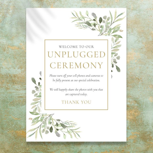 Poster Sinal de Cerimônia Desplugada em Mola Verde (Watercolor Greenery Unplugged Ceremony Sign)