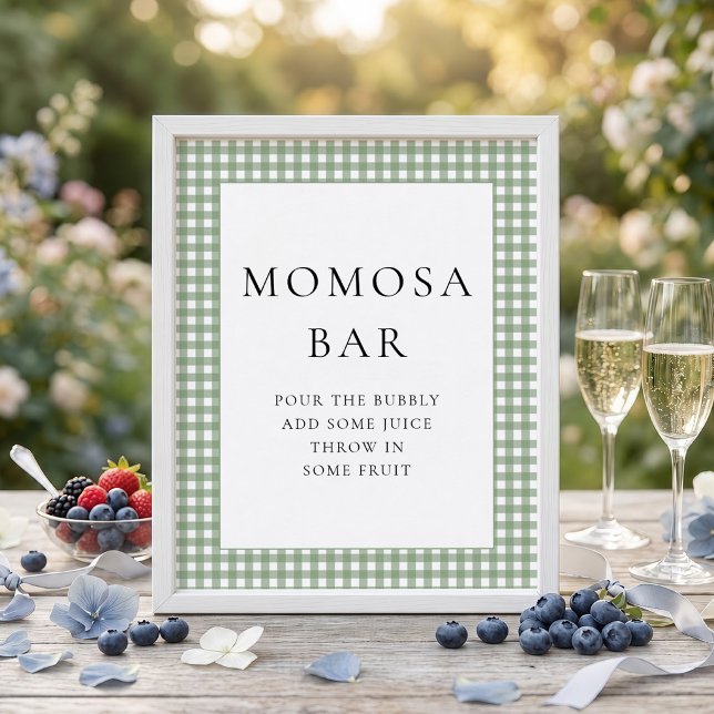 Poster Sinal de Chá de Bebê Sage Green Gingham Momosa Bar (Criador carregado)