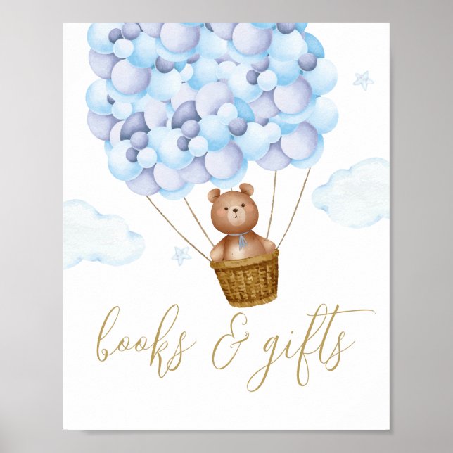 Poster Sinal de Chá de Bebê Urso de Pelúcia Azul Livros e (Frente)