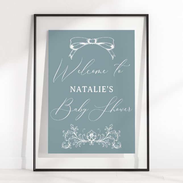 Poster Sinal de Chá de fraldas Azul Floral do Eterno Vint (Criador carregado)