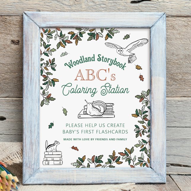 Poster Sinal de Chá de fraldas de Atividade de Carateres  (Woodland Storybook ABCs Coloring Station - Baby Shower Activity. All letters available in collection)