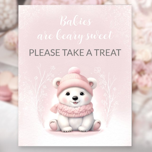 Poster Sinal de Chá de fraldas do Urso Polar Rosa (Girl Pink Polar Bear Baby Shower Favor Sign)