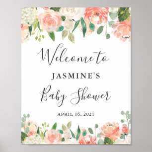 Poster Sinal de Chá de fraldas Floral Coral Peach Blush P