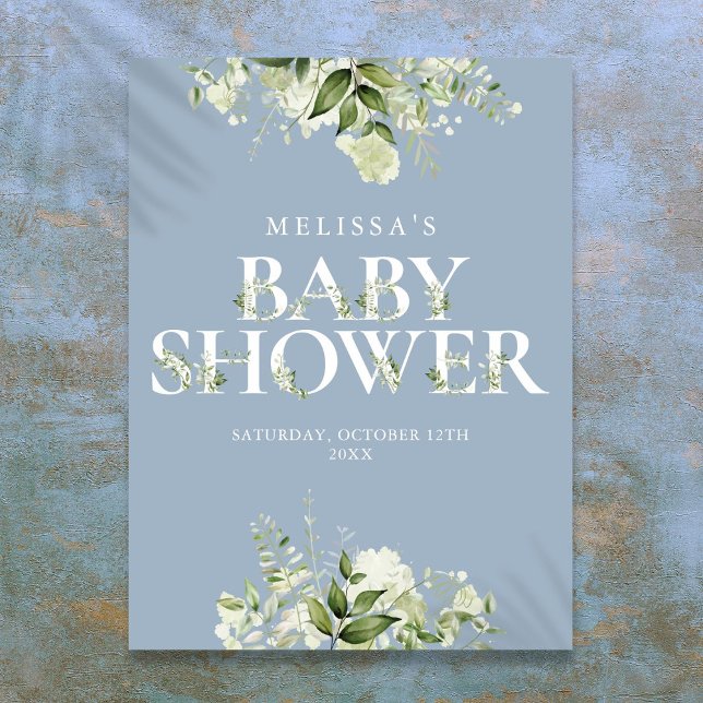 Poster Sinal de Chá de fraldas Floral Dusty Blue Greenery (Dusty Blue Greenery Floral Baby Shower Sign)