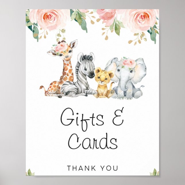 Poster Sinal de Chá de fraldas Safari Floral Dourado rosa (Frente)