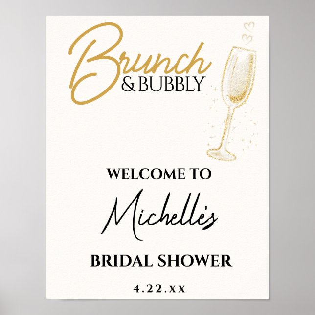 Poster Sinal de Chá de Noiva Elegante Gold Brunch & Bubbl (Frente)