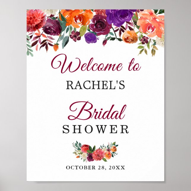 Poster Sinal de Chá de Noiva Floral Burgundy Rustic Bloom (Frente)