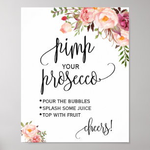 Poster Sinal de chá de noiva floral rosa prosecco pimp