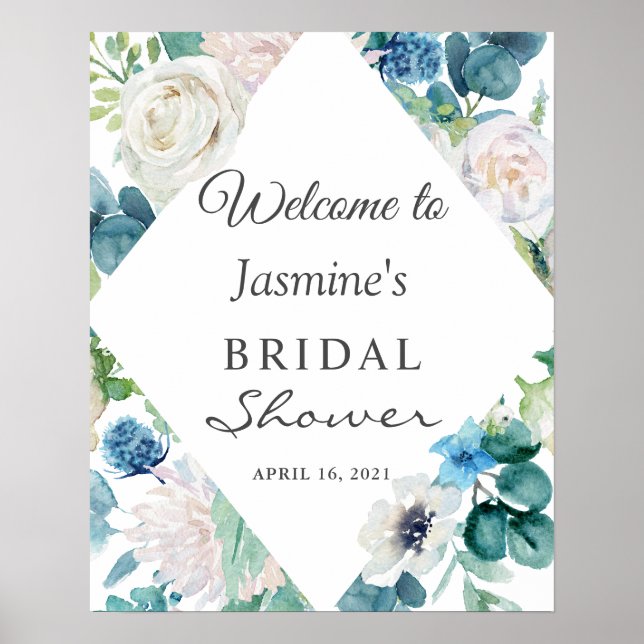 Poster Sinal de Chá de Noiva Floral Verde Azul Branco Sag (Frente)