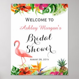 Póster Sinal de Chá de Noiva Luau Flamingo Floral Tropica