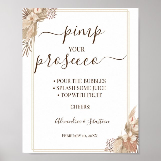 Poster Sinal de Chá de Noiva Prosecco com Grama da Pampa (Frente)