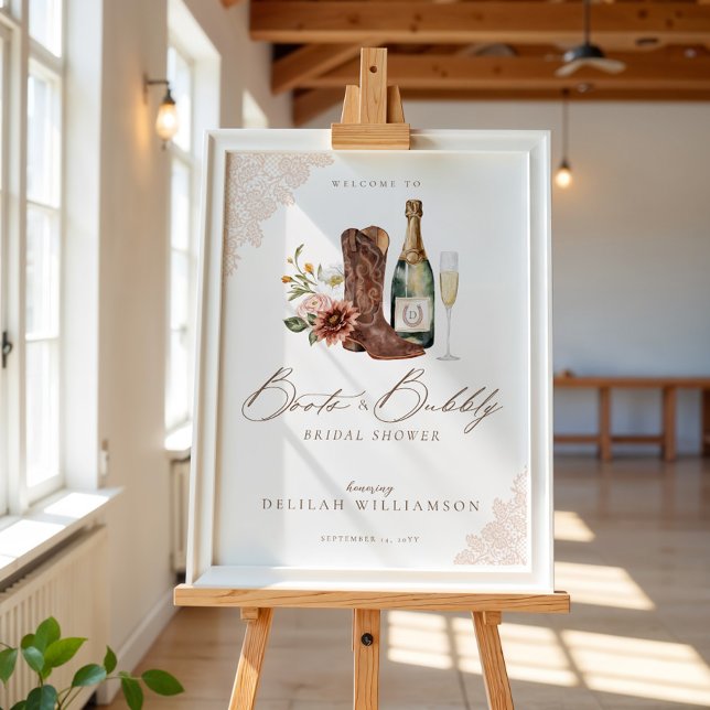 Poster Sinal de Chá de panela de Boots & Bubble Cowgirl W (Boots & Bubbly Cowgirl Western Bridal Shower Sign)