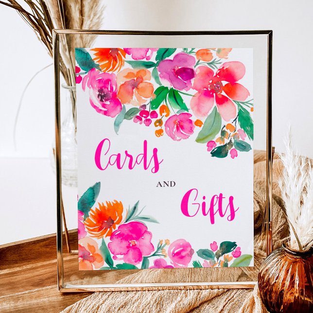 Poster Sinal de chá de panela de casamento com letra flor (Bright pink floral script bridal shower sign)