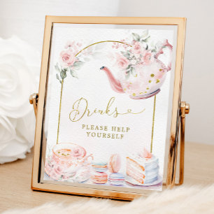 Poster Sinal de Chá de panela Floral Rosa, Tea Party Bebi
