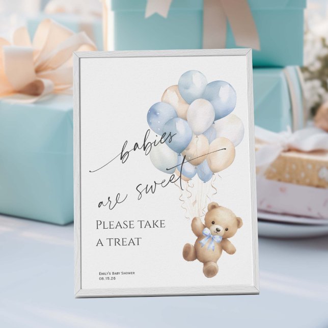 Poster Sinal de Chá do Baby Boy Wait Blue (Blue Bearly wait, Baby Boy Shower Favor Sign.)