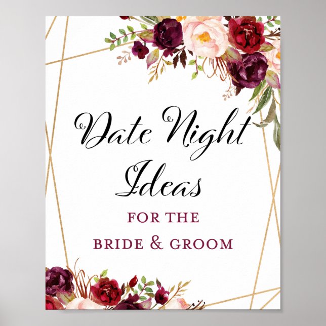 Poster Sinal de Chuva de Noiva Floral Boho Bordeaux 20x25 (Frente)