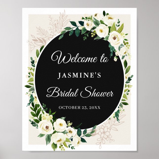 Poster Sinal de Chuva de Noiva Floral Branco Verde Chic E (Frente)