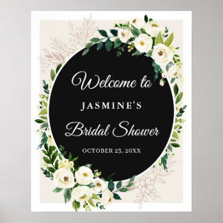 Poster Sinal de Chuva de Noiva Floral Branco Verde Chic E