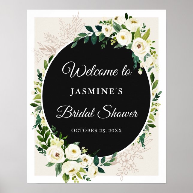 Poster Sinal de Chuva de Noiva Floral Branco Verde Chic E (Frente)