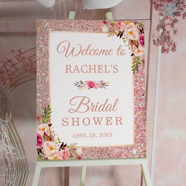 Poster Sinal de Chuva de Noiva Floral com Brilho em Rosa  (Criador carregado)