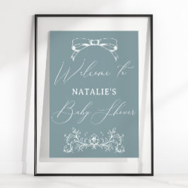 Poster Sinal de Chuvada de Bebê Azul Floral Atemporal Vin
