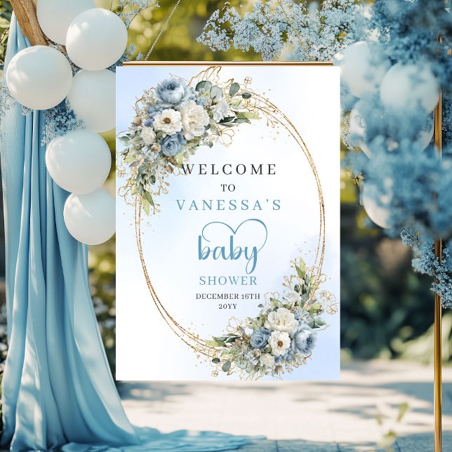 Poster Sinal de Chuvada de Bebê em Aquarela com Florais e (Watercolor Baby Shower Sign Dusty Blue Florals & Greenery)