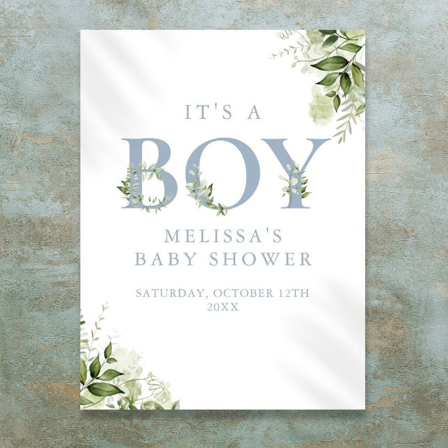 Poster Sinal de Chuvada de Bebê Menino Verde-azulado (Its A Boy Greenery Blue Baby Shower Sign)