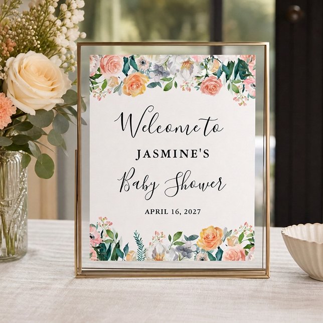 Poster Sinal de Chuveirinho de Bebê Floral Rosas de Jardi (Criador carregado)