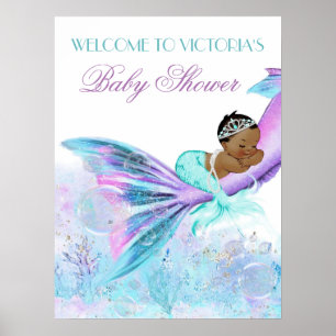 Poster Sinal de Chuveiro de Bebê Cauda de Sereia Africana