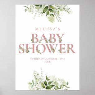 Poster Sinal de Chuveiro de Bebê com Folhagem Rosa Empoei