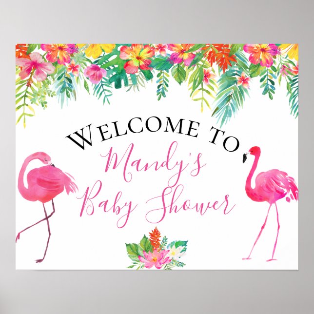 Poster Sinal de Chuveiro de Bebê Flamingo Floral Tropical (Frente)