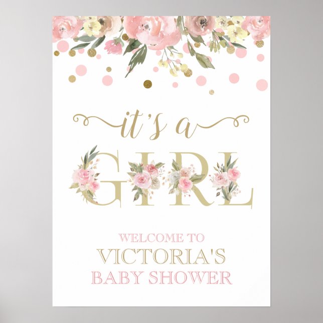 Poster Sinal de Chuveiro de Bebê Floral em Aquarela Doura (Frente)