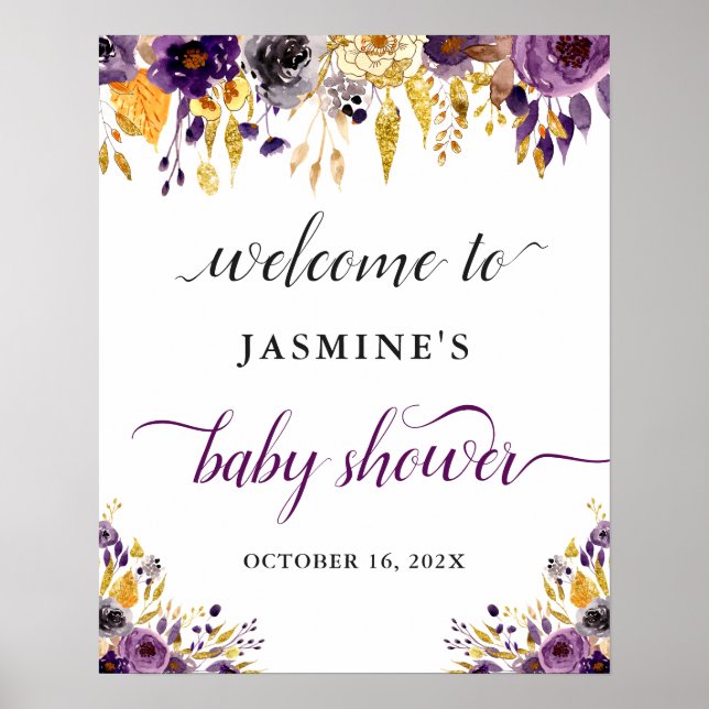 Poster Sinal de Chuveiro de Bebê Floral Roxo Dourado Chic (Frente)
